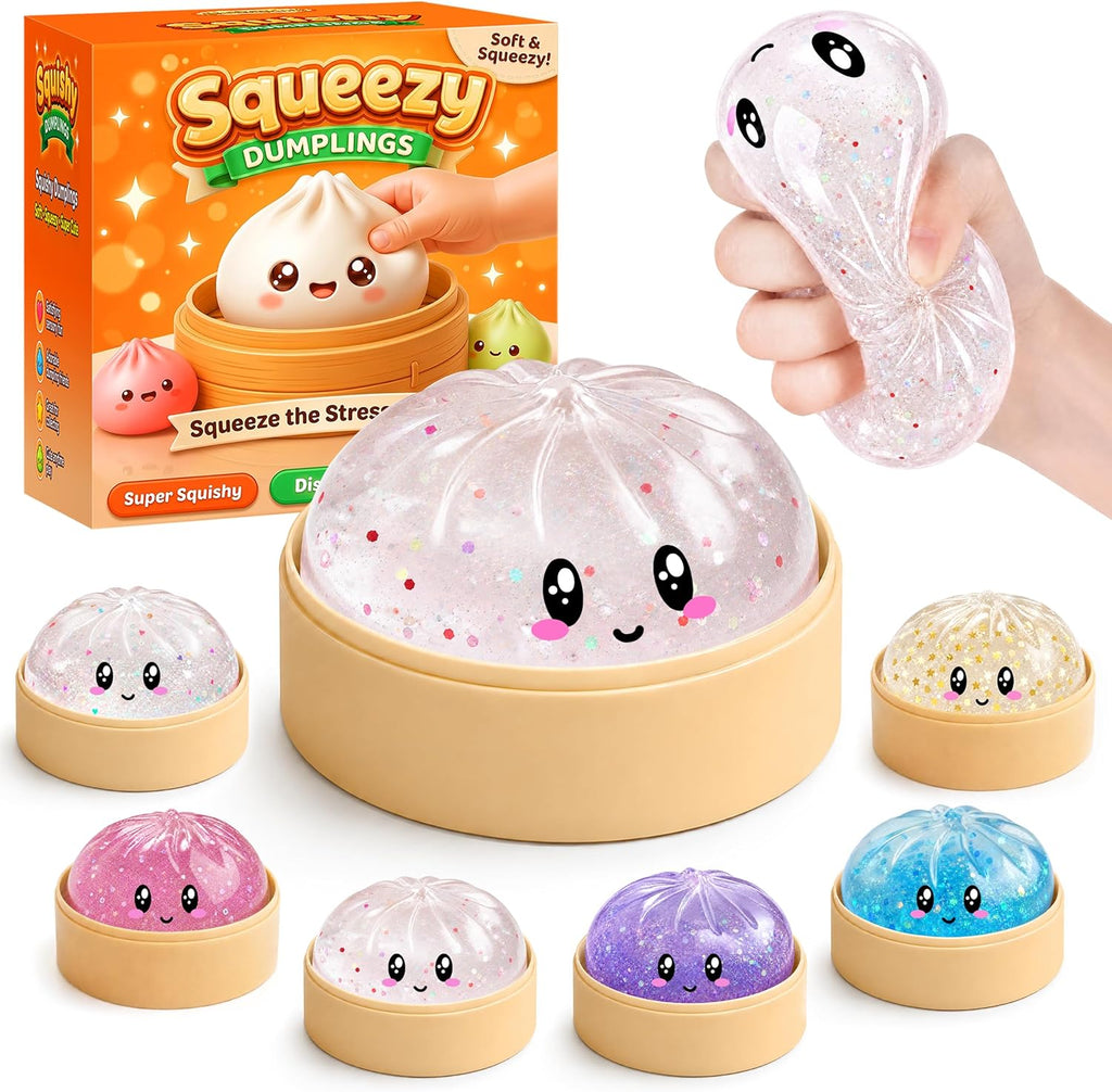 Mystery Glitter Dumpling Squishies with Steamer Box – Cute Bao Bun Stress Ball – Soft Squeeze Sensory Toy for Stress Relief – Sensory Fidget Toy Gift for Kids, Teens & Adults