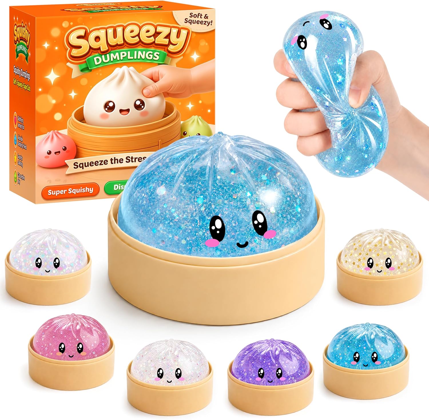 Mystery Glitter Dumpling Squishies with Steamer Box – Cute Bao Bun Stress Ball – Soft Squeeze Sensory Toy for Stress Relief – Sensory Fidget Toy Gift for Kids, Teens & Adults