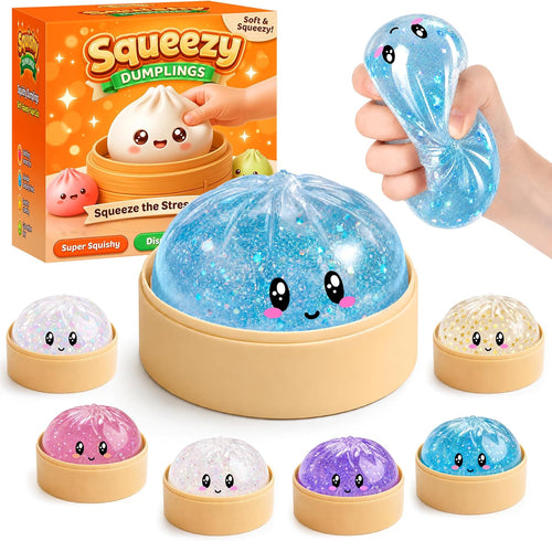 Mystery Glitter Dumpling Squishies with Steamer Box – Cute Bao Bun Stress Ball – Soft Squeeze Sensory Toy for Stress Relief – Sensory Fidget Toy Gift for Kids, Teens & Adults