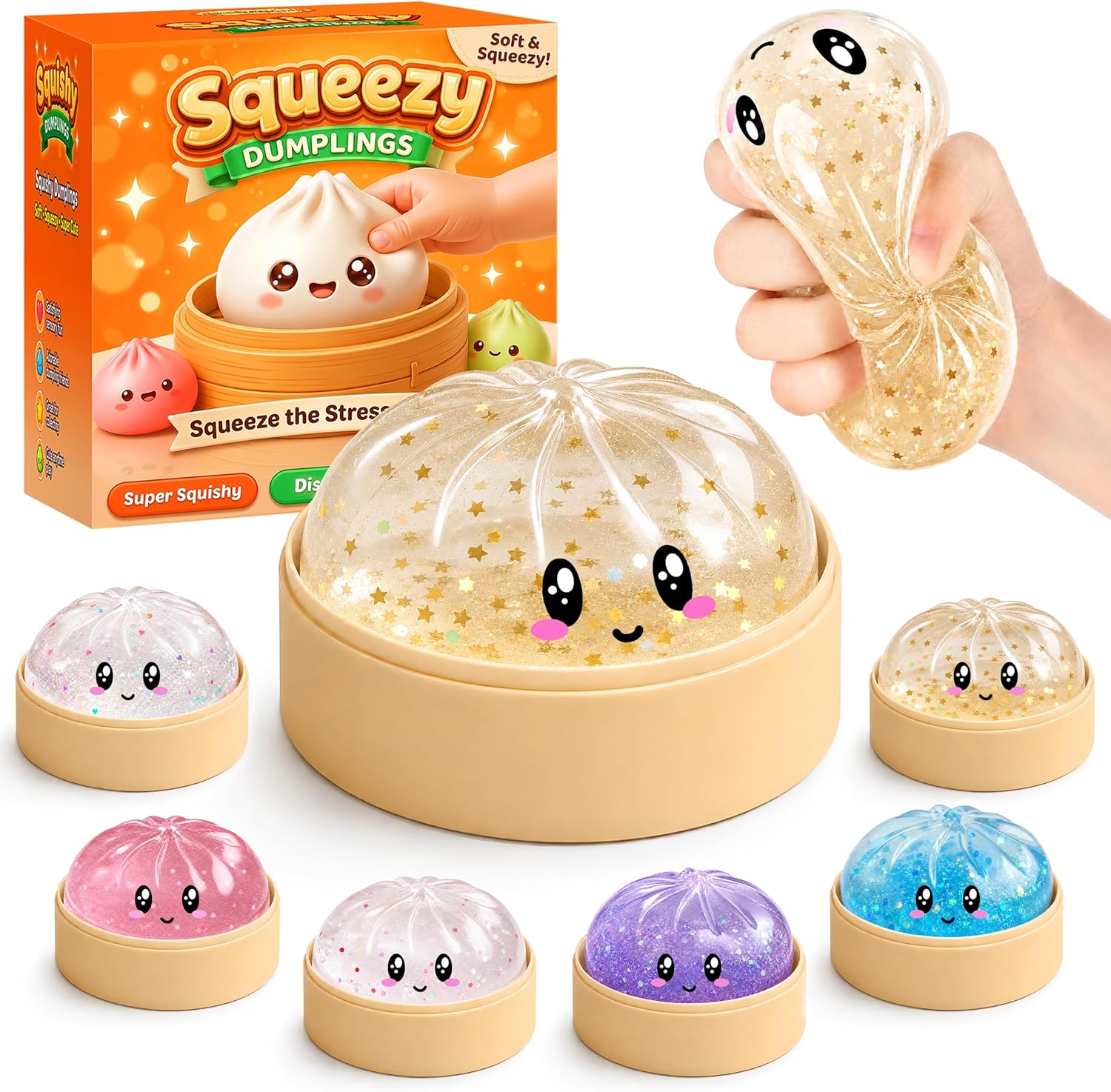 Mystery Glitter Dumpling Squishies with Steamer Box – Cute Bao Bun Stress Ball – Soft Squeeze Sensory Toy for Stress Relief – Sensory Fidget Toy Gift for Kids, Teens & Adults
