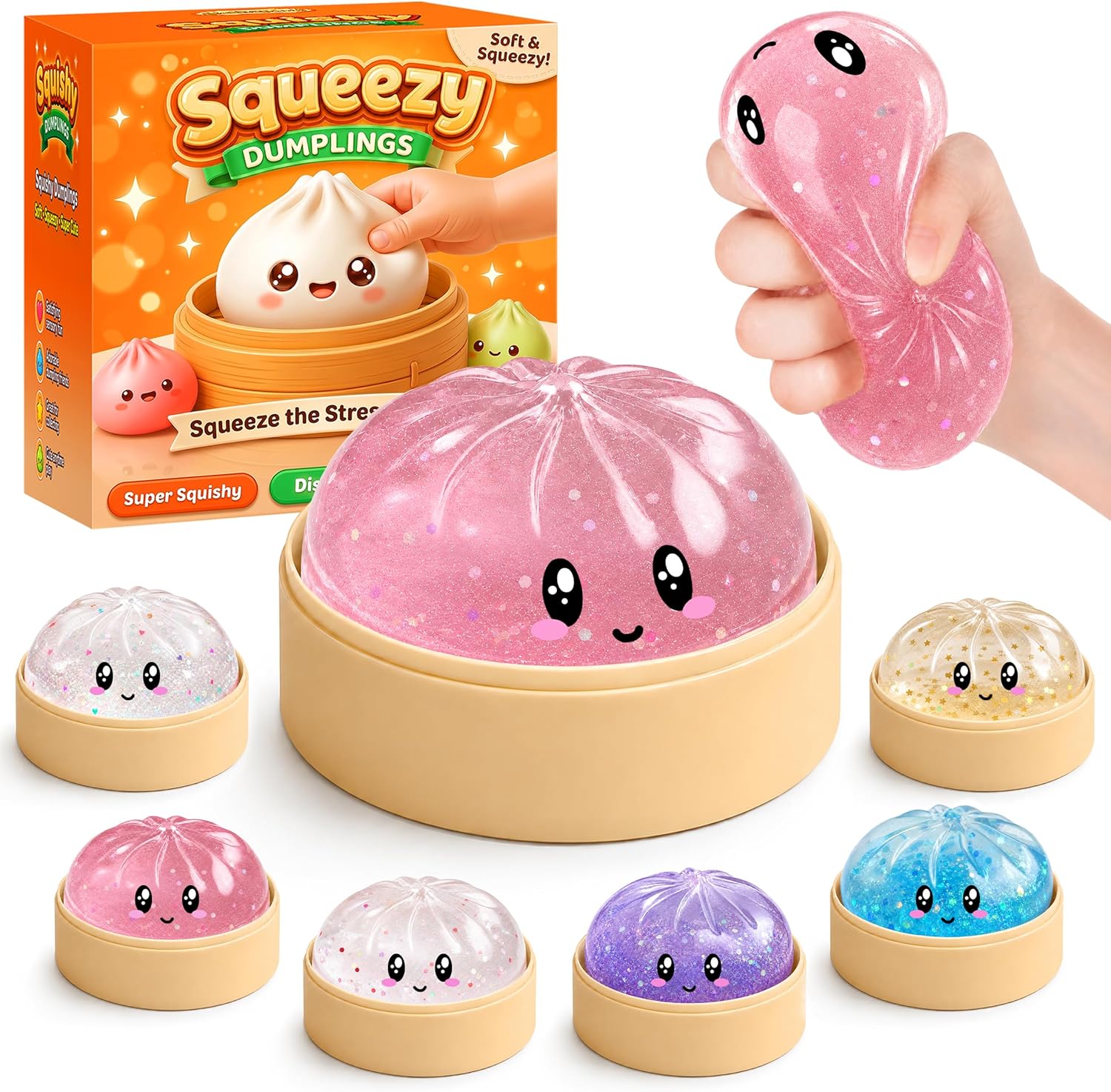 Mystery Glitter Dumpling Squishies with Steamer Box – Cute Bao Bun Stress Ball – Soft Squeeze Sensory Toy for Stress Relief – Sensory Fidget Toy Gift for Kids, Teens & Adults