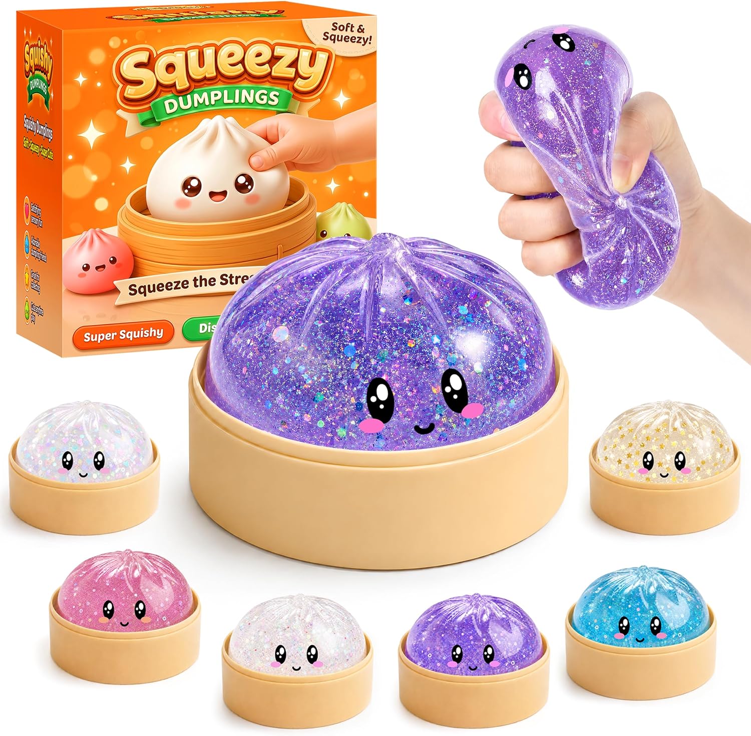 Mystery Glitter Dumpling Squishies with Steamer Box – Cute Bao Bun Stress Ball – Soft Squeeze Sensory Toy for Stress Relief – Sensory Fidget Toy Gift for Kids, Teens & Adults