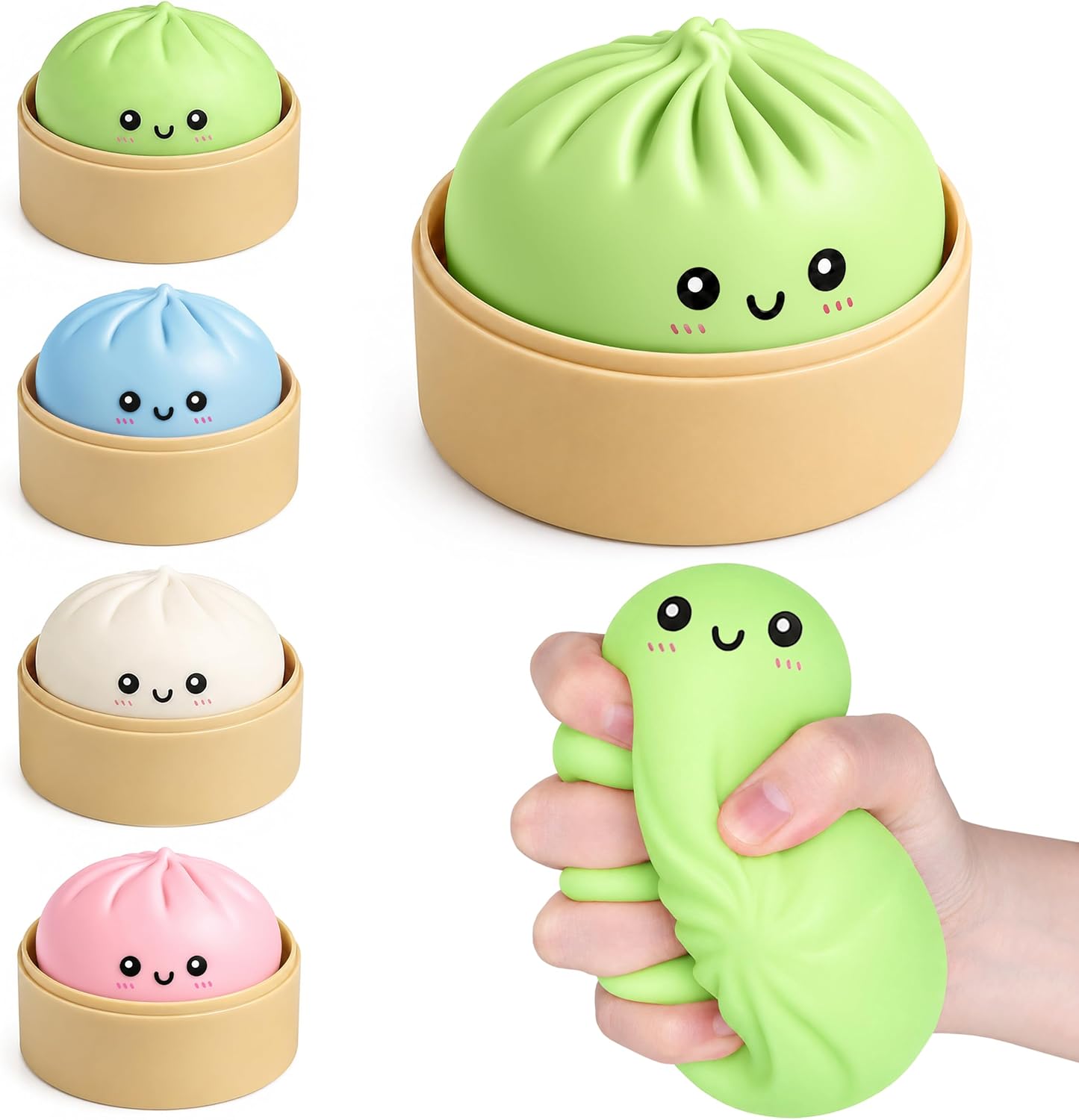 Mystery Glitter Dumpling Squishies with Steamer Box – Cute Bao Bun Stress Ball – Soft Squeeze Sensory Toy for Stress Relief – Sensory Fidget Toy Gift for Kids, Teens & Adults