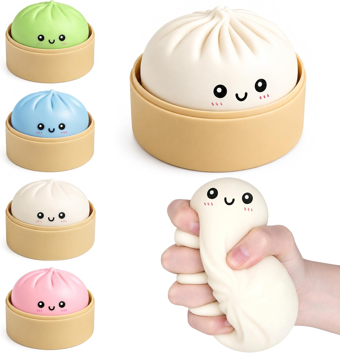 Mystery Glitter Dumpling Squishies with Steamer Box – Cute Bao Bun Stress Ball – Soft Squeeze Sensory Toy for Stress Relief – Sensory Fidget Toy Gift for Kids, Teens & Adults