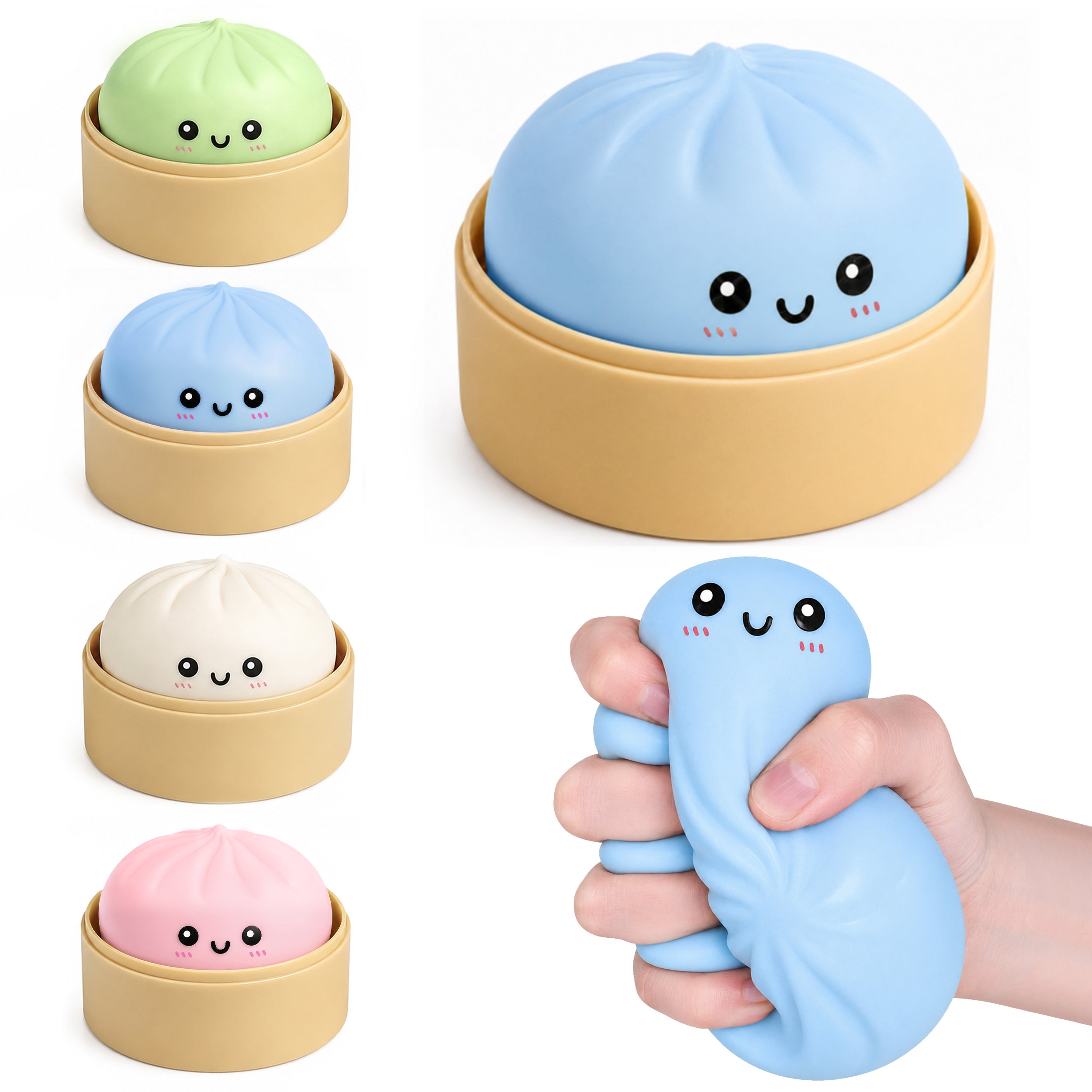 Mystery Glitter Dumpling Squishies with Steamer Box – Cute Bao Bun Stress Ball – Soft Squeeze Sensory Toy for Stress Relief – Sensory Fidget Toy Gift for Kids, Teens & Adults