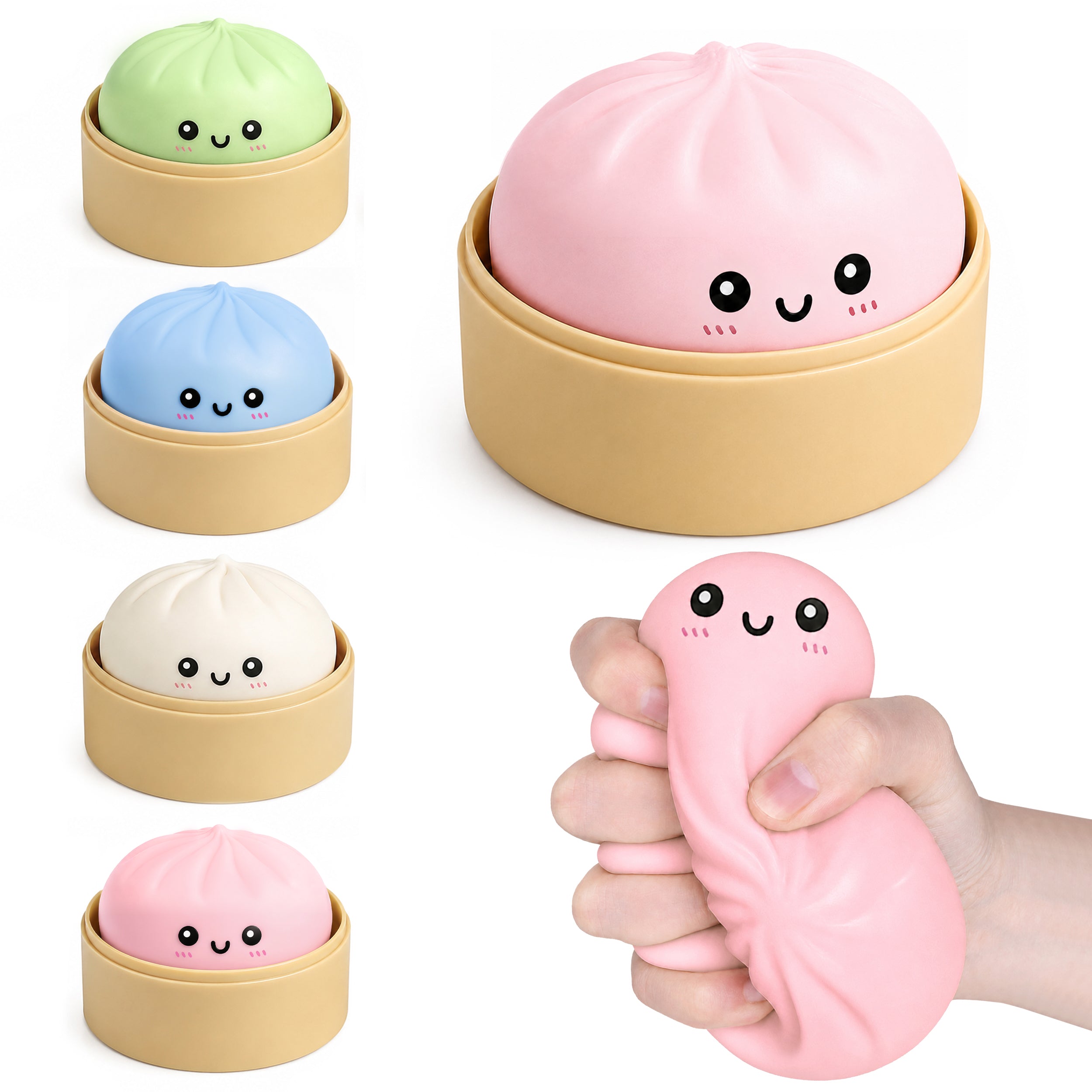 Mystery Glitter Dumpling Squishies with Steamer Box – Cute Bao Bun Stress Ball – Soft Squeeze Sensory Toy for Stress Relief – Sensory Fidget Toy Gift for Kids, Teens & Adults