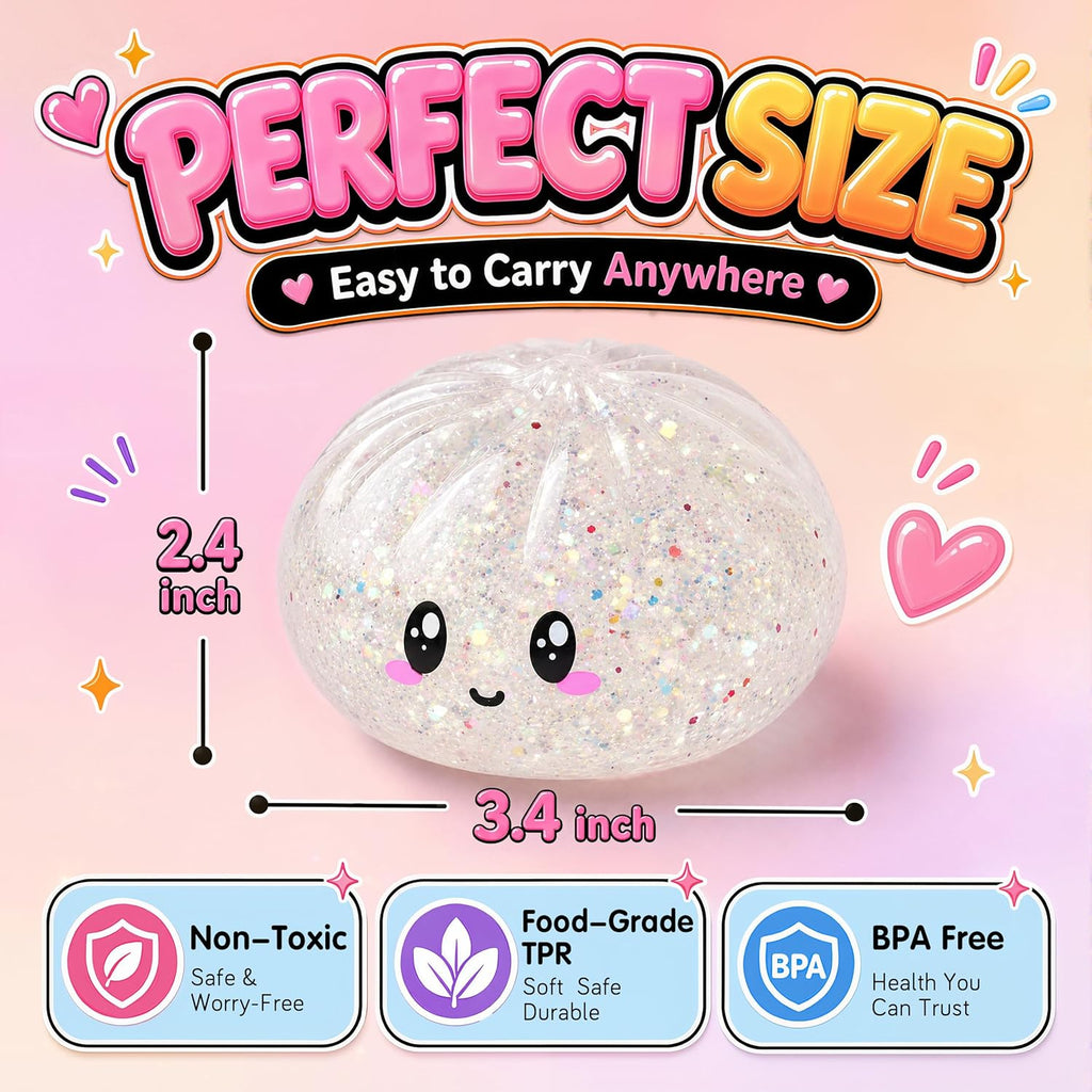 Mystery Glitter Dumpling Squishies with Steamer Box – Cute Bao Bun Stress Ball – Soft Squeeze Sensory Toy for Stress Relief – Sensory Fidget Toy Gift for Kids, Teens & Adults