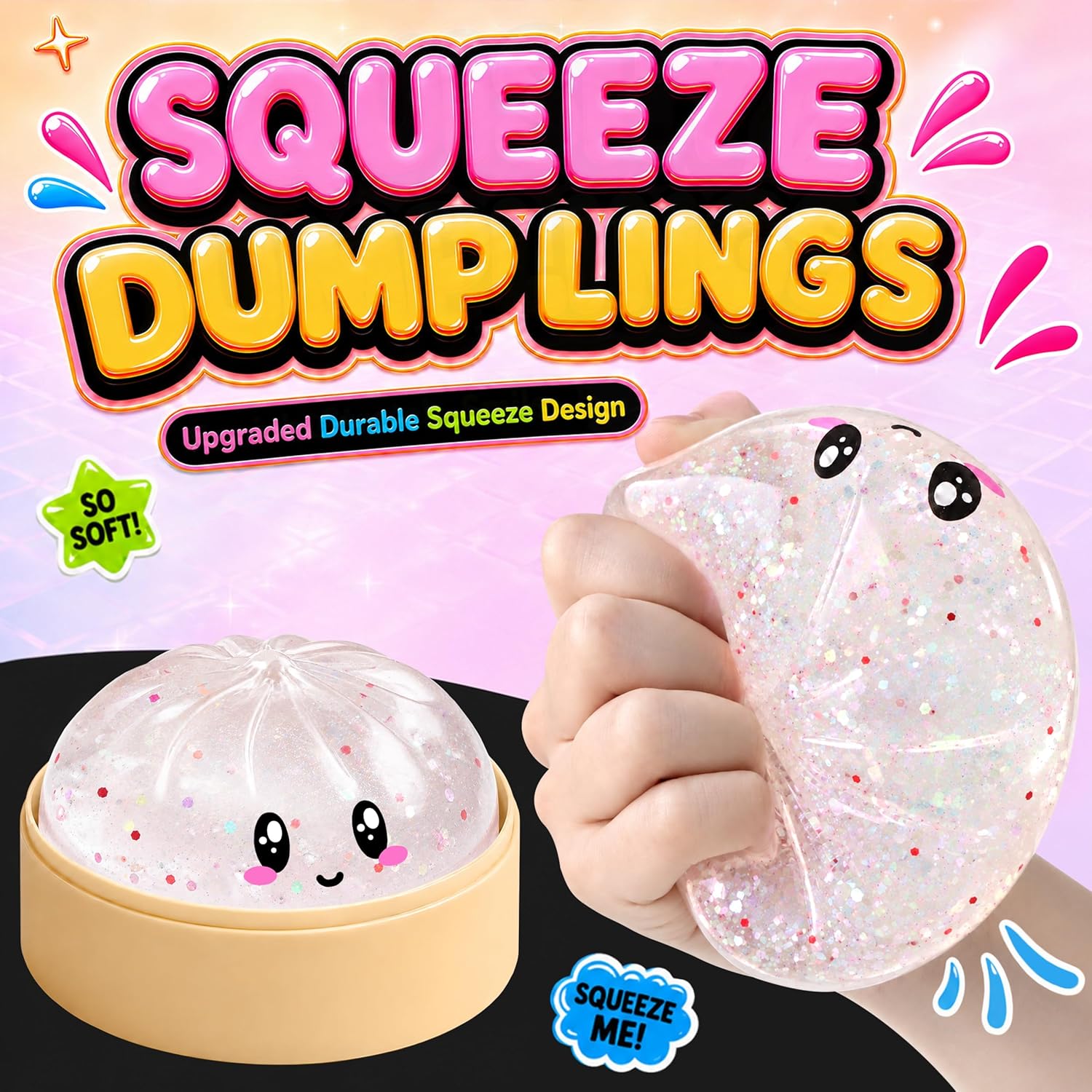 Mystery Glitter Dumpling Squishies with Steamer Box – Cute Bao Bun Stress Ball – Soft Squeeze Sensory Toy for Stress Relief – Sensory Fidget Toy Gift for Kids, Teens & Adults