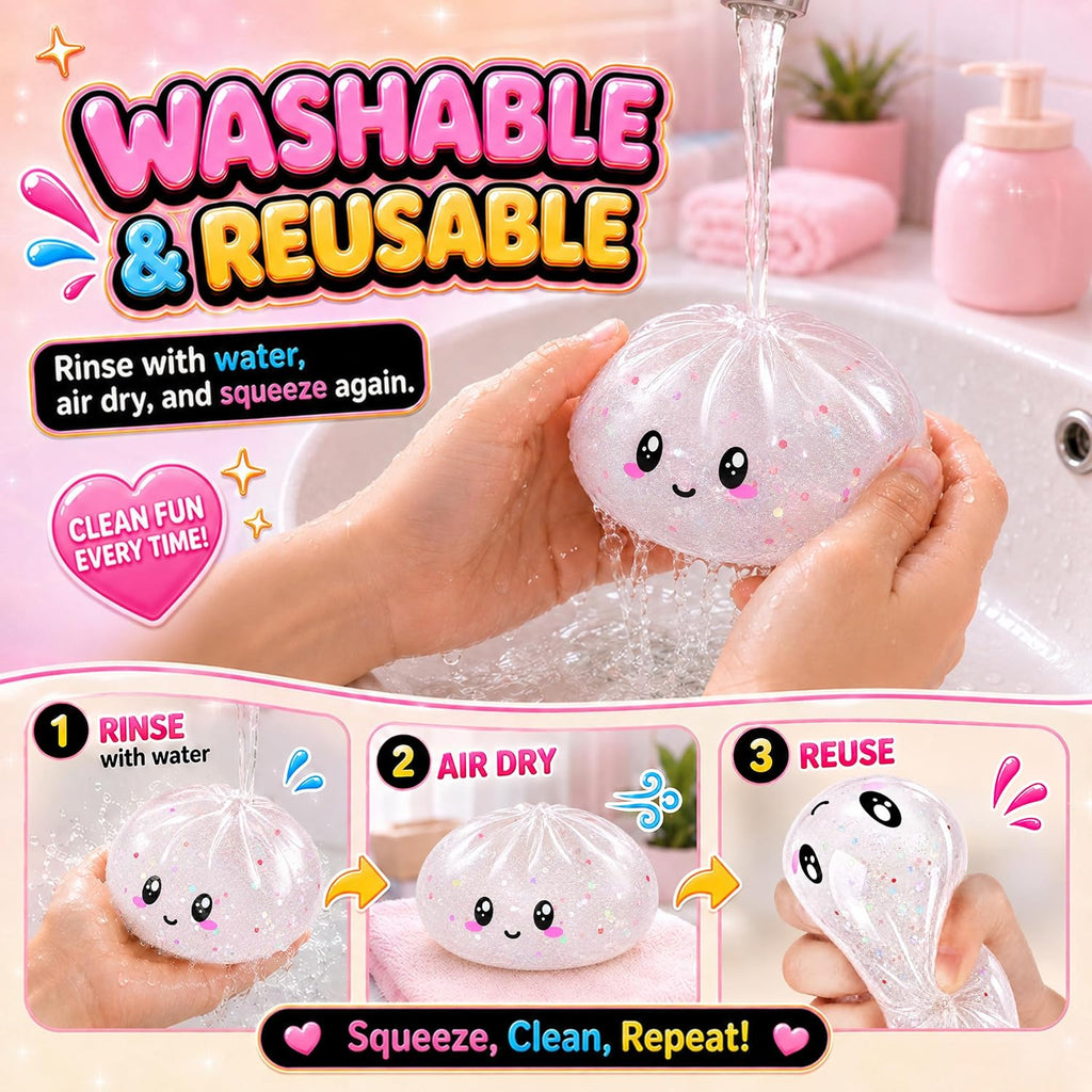 Mystery Glitter Dumpling Squishies with Steamer Box – Cute Bao Bun Stress Ball – Soft Squeeze Sensory Toy for Stress Relief – Sensory Fidget Toy Gift for Kids, Teens & Adults